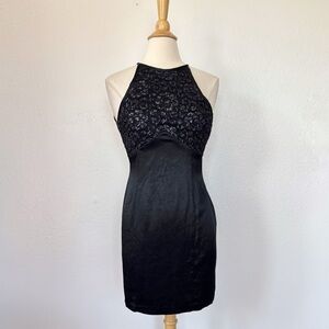 Vintage 90s Solid Black Satin & Lace Open Back Cocktail Dress